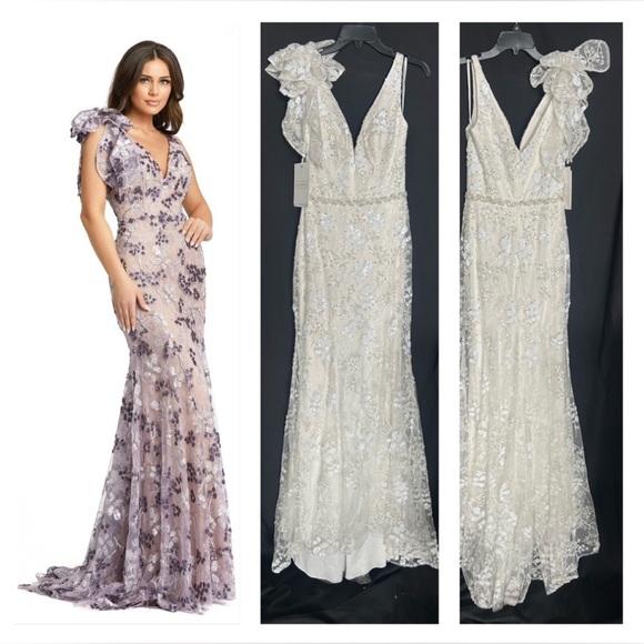 Mac Duggal 79301 NWT Sequin Floral Bow Shoulder Trumpet Gown in White - Picture 1 of 6